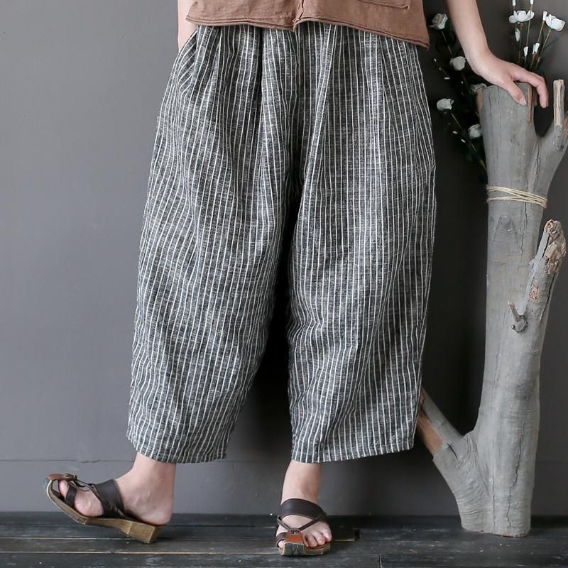 Bomuld Linned Casual Stribede Bukser Med Brede Ben