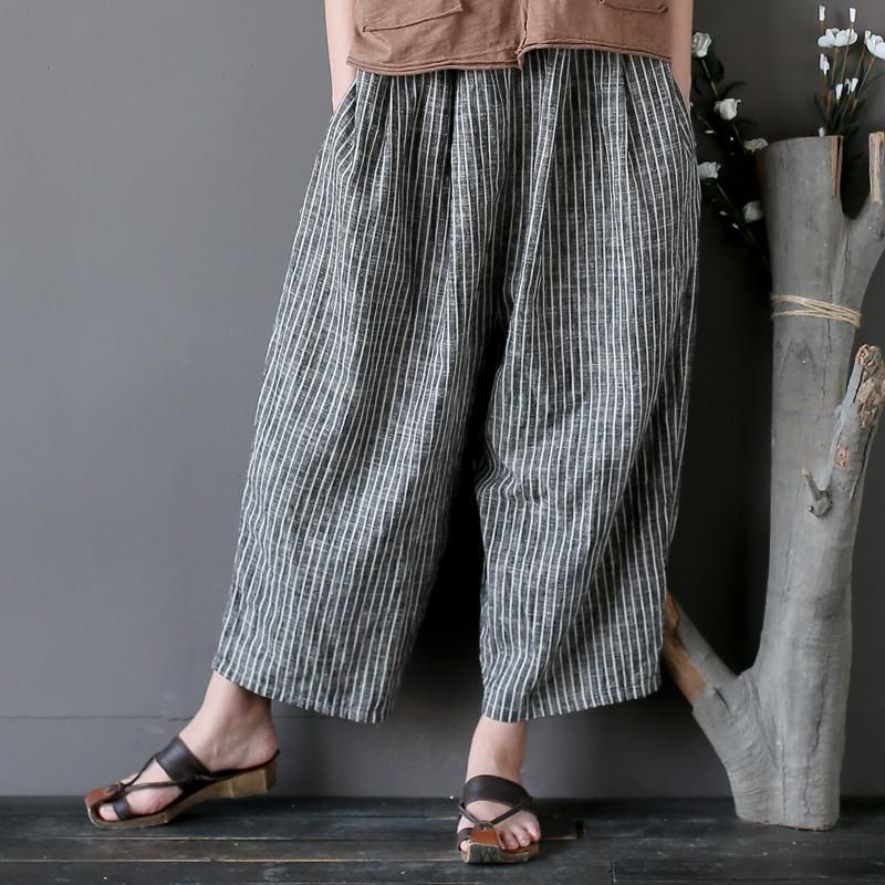 Bomuld Linned Casual Stribede Bukser Med Brede Ben