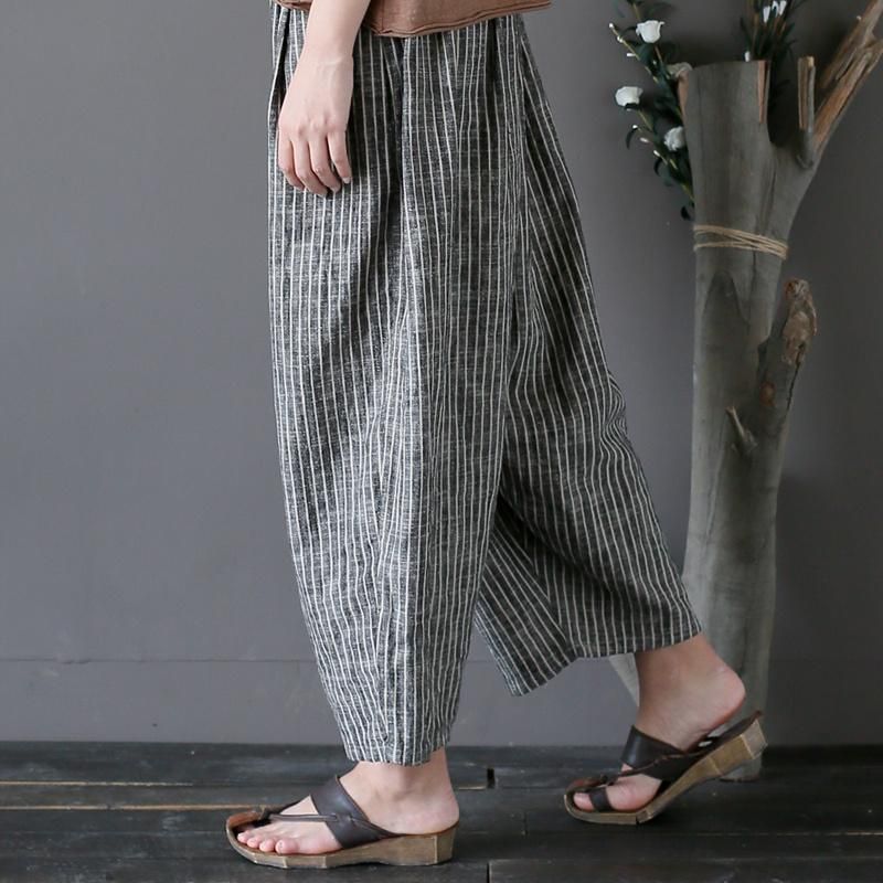 Bomuld Linned Casual Stribede Bukser Med Brede Ben