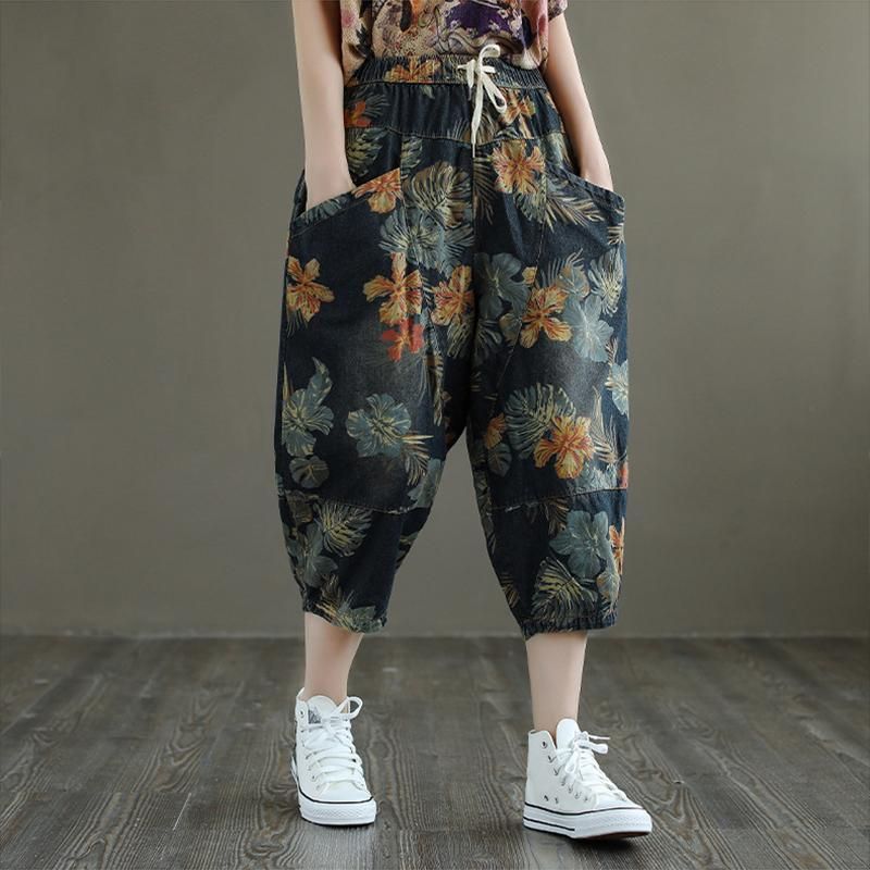 Plus Size Loose Retro Blomsterprintede Denimbukser