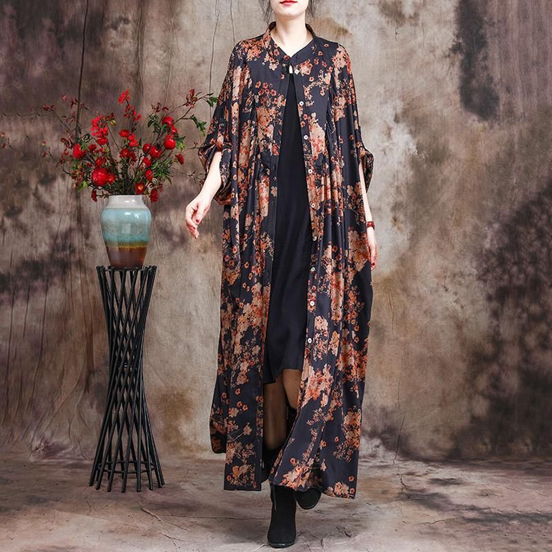 Forår Plus Size Flagermusærmet Printet Blomsterskjortekjole