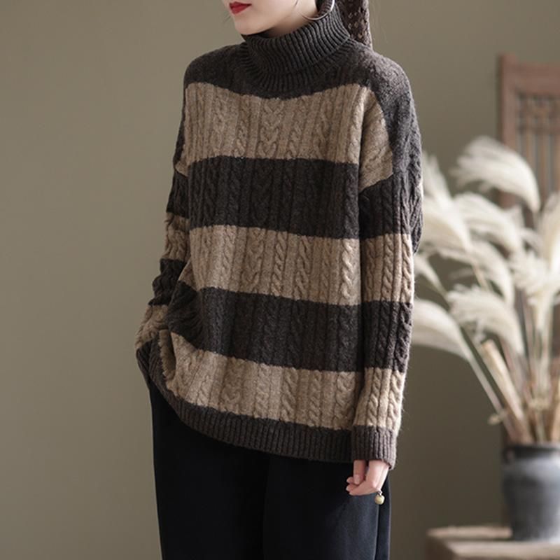 Vinter Tykstribet Rullekrave Løs Retro Sweater